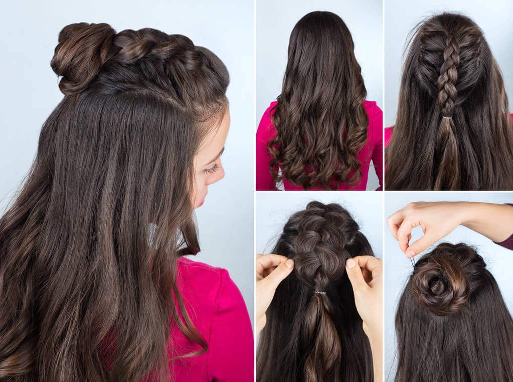 Braided Half-up rubber band hairstyles.