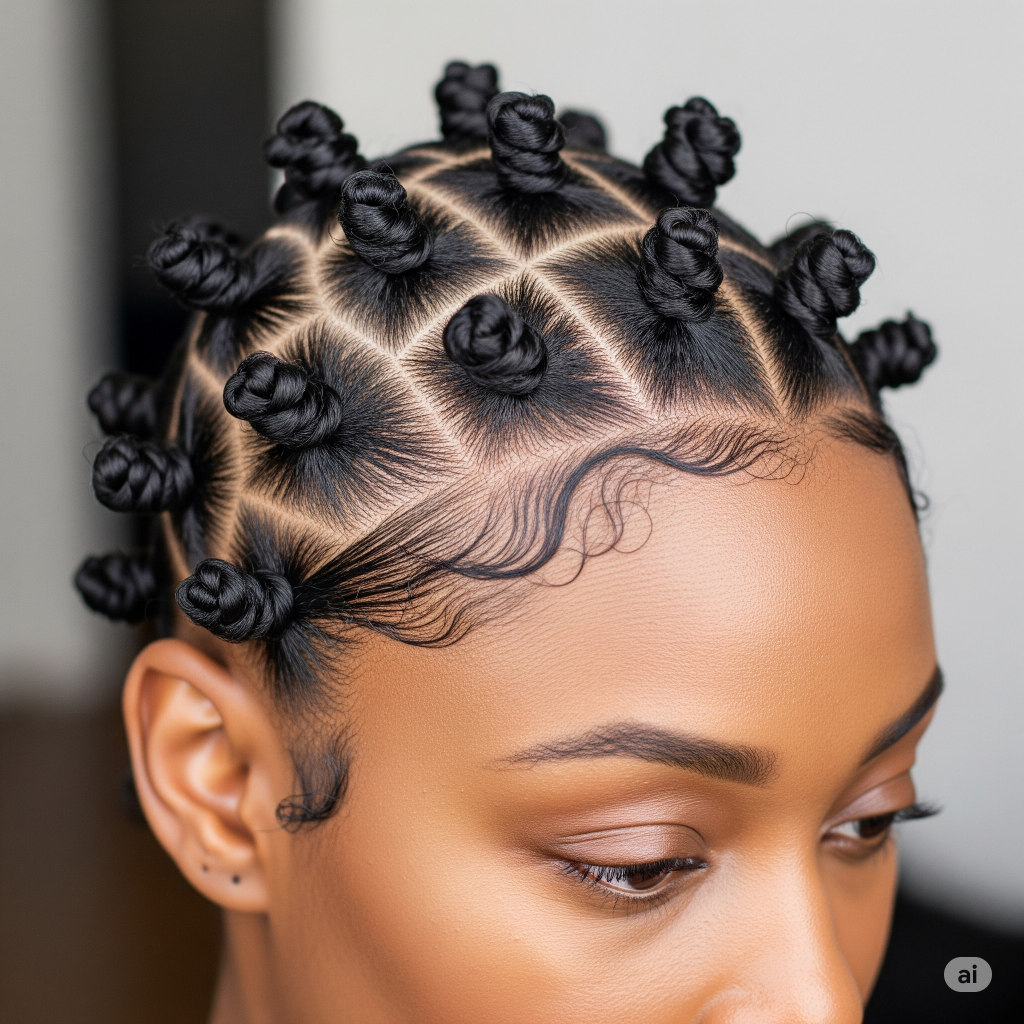 A close-up of a Black woman's head with Bantu knots, a popular short natural hairstyle for Black women.
