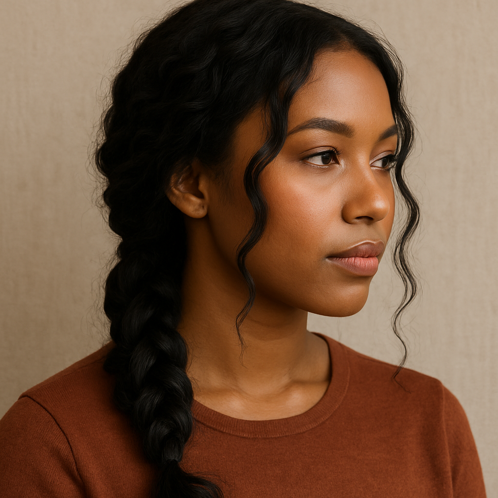A realistic image of a Black woman with a loose braid and soft waves, showcasing an intermediate-level hairstyle with defined texture and a natural, elegant look.