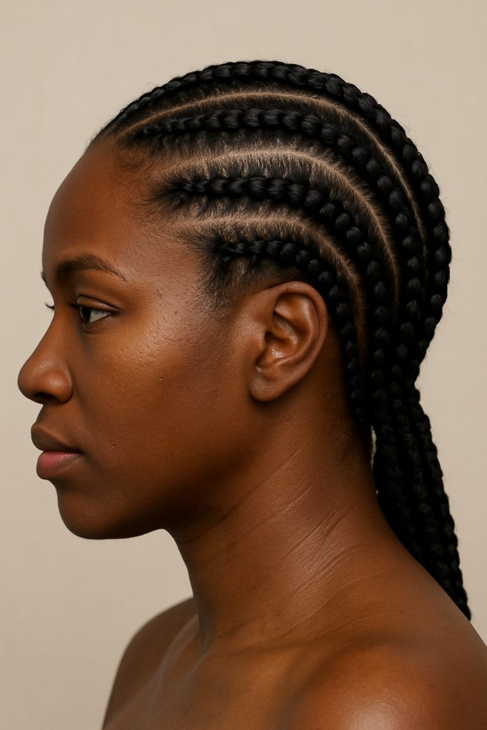 A Side-facing close-up of a Black woman's head showcasing Cornrows, a stylish and common natural hairstyle for Black women.