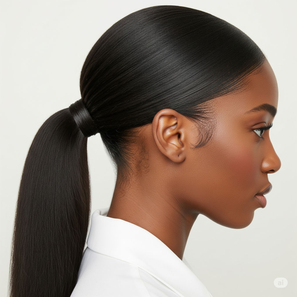 A Black girl wearing a sleek low ponytail with laid edges and glossy finish – a classic example of black girl ponytails.