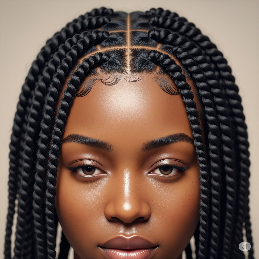 A front-facing close-up of a Black woman's head showcasing flat twists, a stylish and common natural hairstyle for Black women.