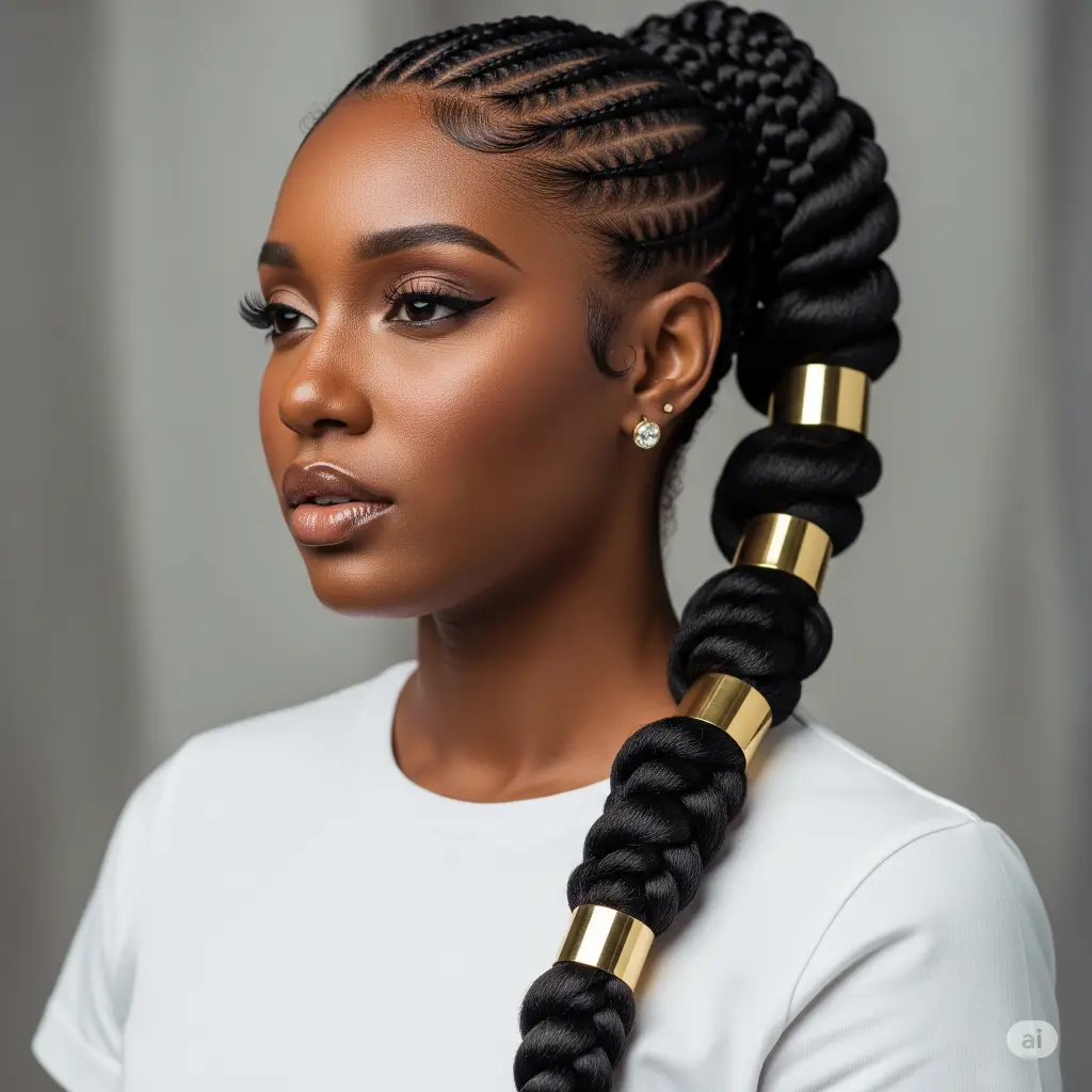 A black woman with a braided ponytail with cuff accents, showcasing elegant Natural Black Hair Ponytail Styles.