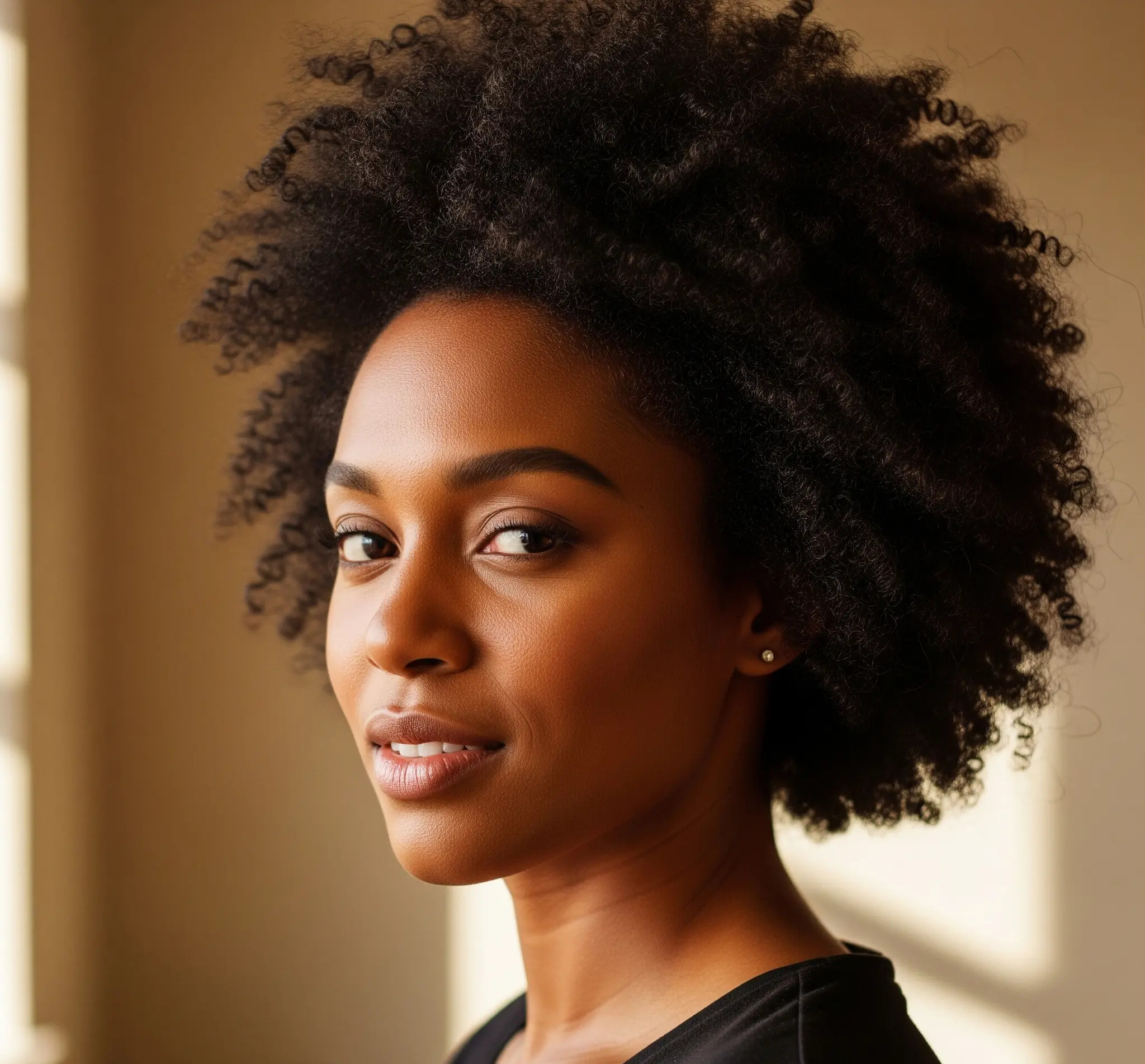 Image of a black woman showcasing a hairstyle that could be associated with "natural hair transition hacks". This will be a close-up shot focusing on her textured hair, possibly showing a style that blends different textures or lengths as part of a transition.