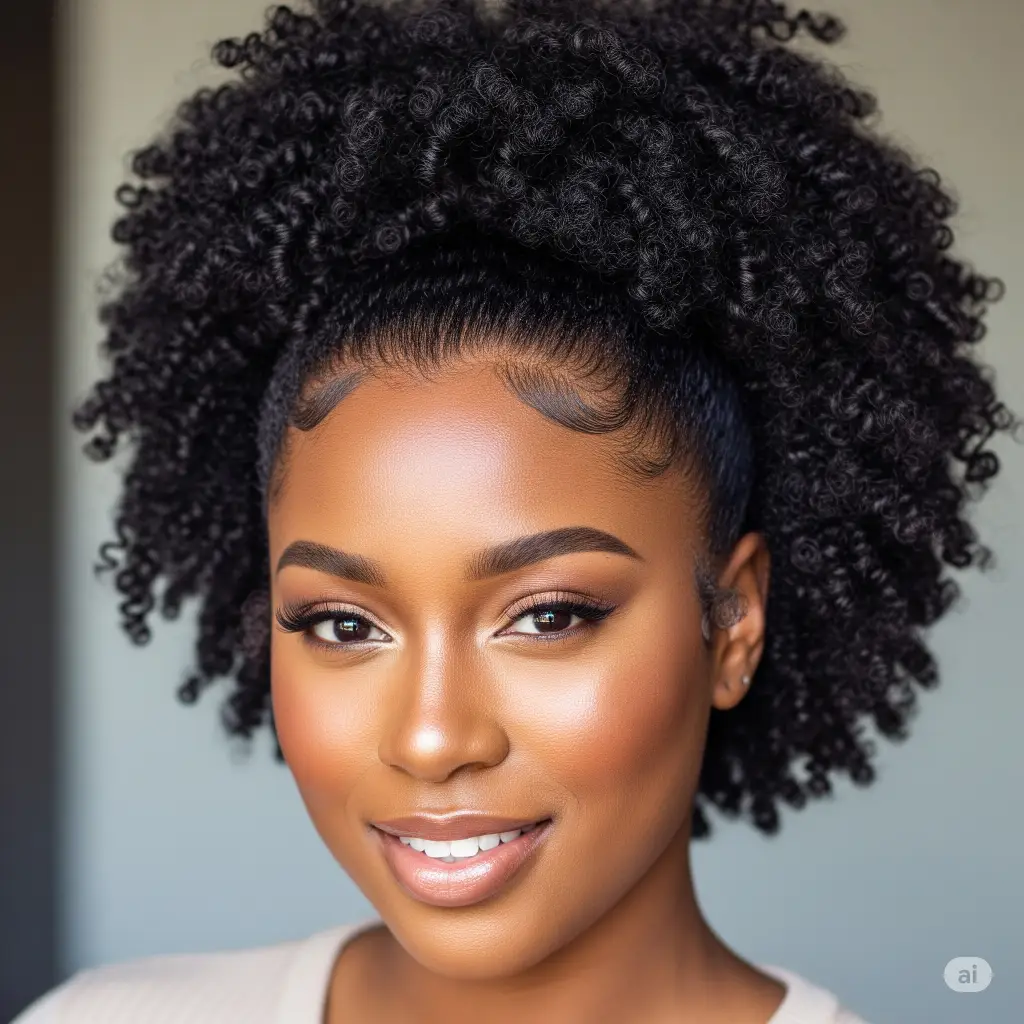 A black woman with a textured puff ponytail, showcasing beautiful Natural Black Hair Ponytail Styles.