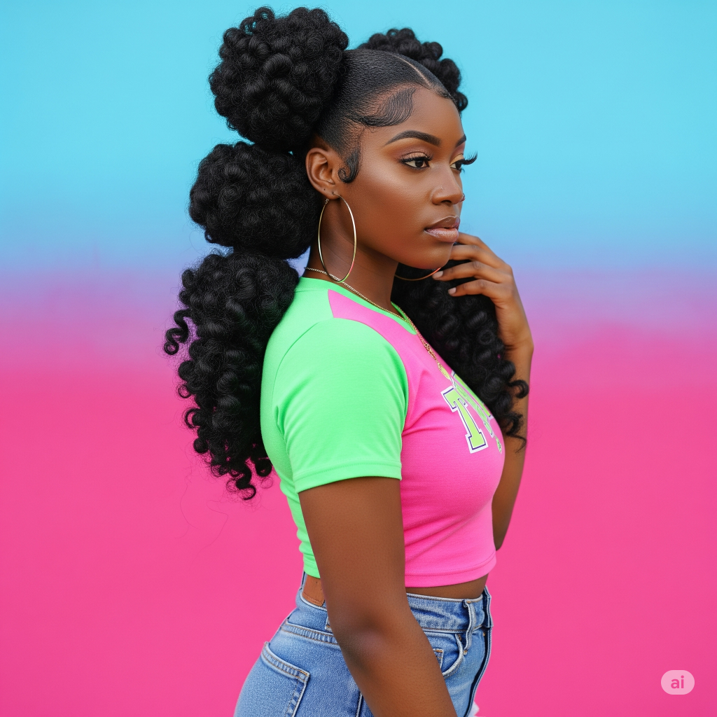 A stylish black girl rocking bubble ponytails with hair ties spaced down the length – a playful take on black girl ponytails.