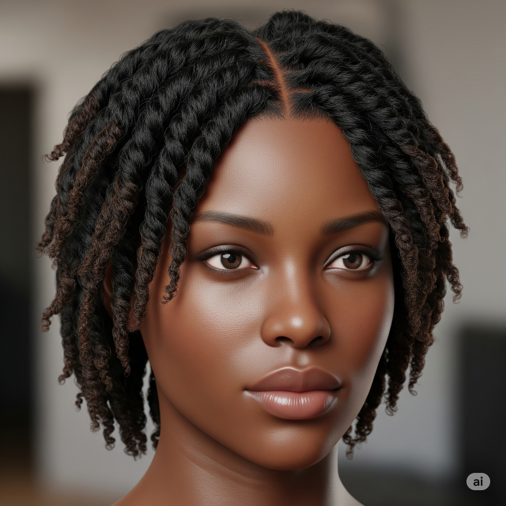 A realistic close-up of a Black woman's head featuring mini twists, a versatile and popular short natural hairstyle for Black women.
