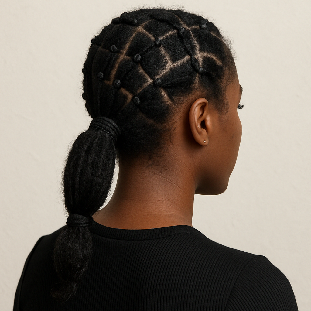 A back close-up of a Black woman's head showcasing rubber, a stylish and common natural hairstyle for Black women.