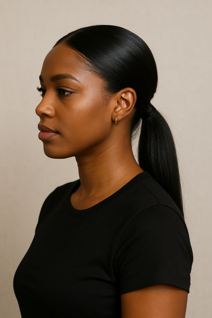 A young Black woman with long hair styled in a sleek low ponytail, wearing a black top, showcasing one of the easy bridal hairstyles for long hair, perfect for elegant and minimal wedding looks.