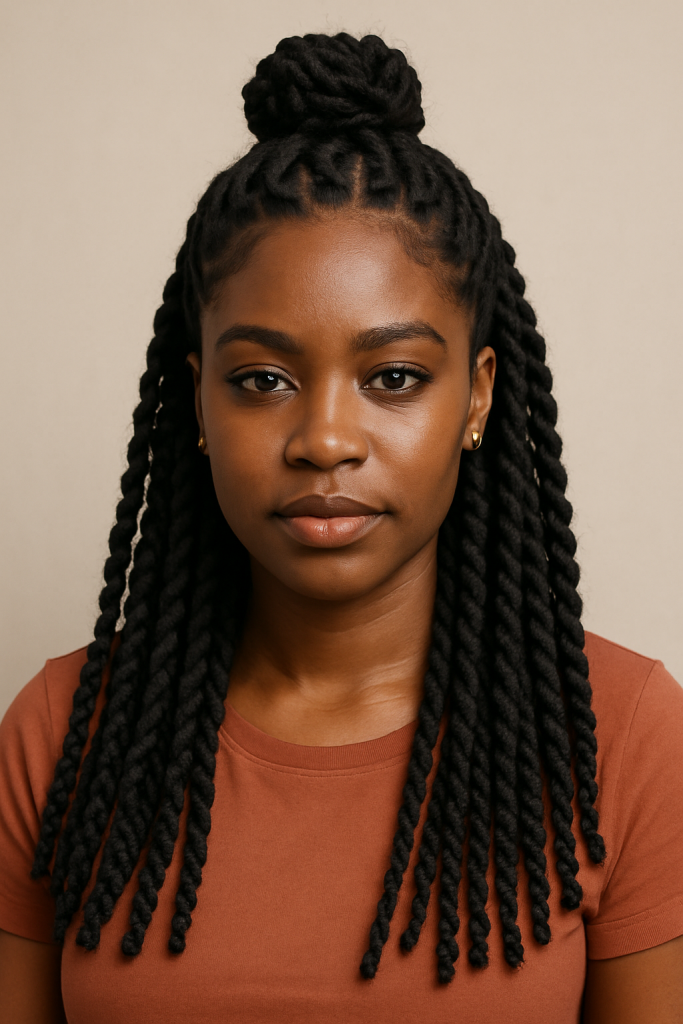 A Black woman with long twists styled in an elegant half-up half-down look, showcasing one of the easy bridal hairstyles for long hair, perfect for a natural and sophisticated wedding appearance.
