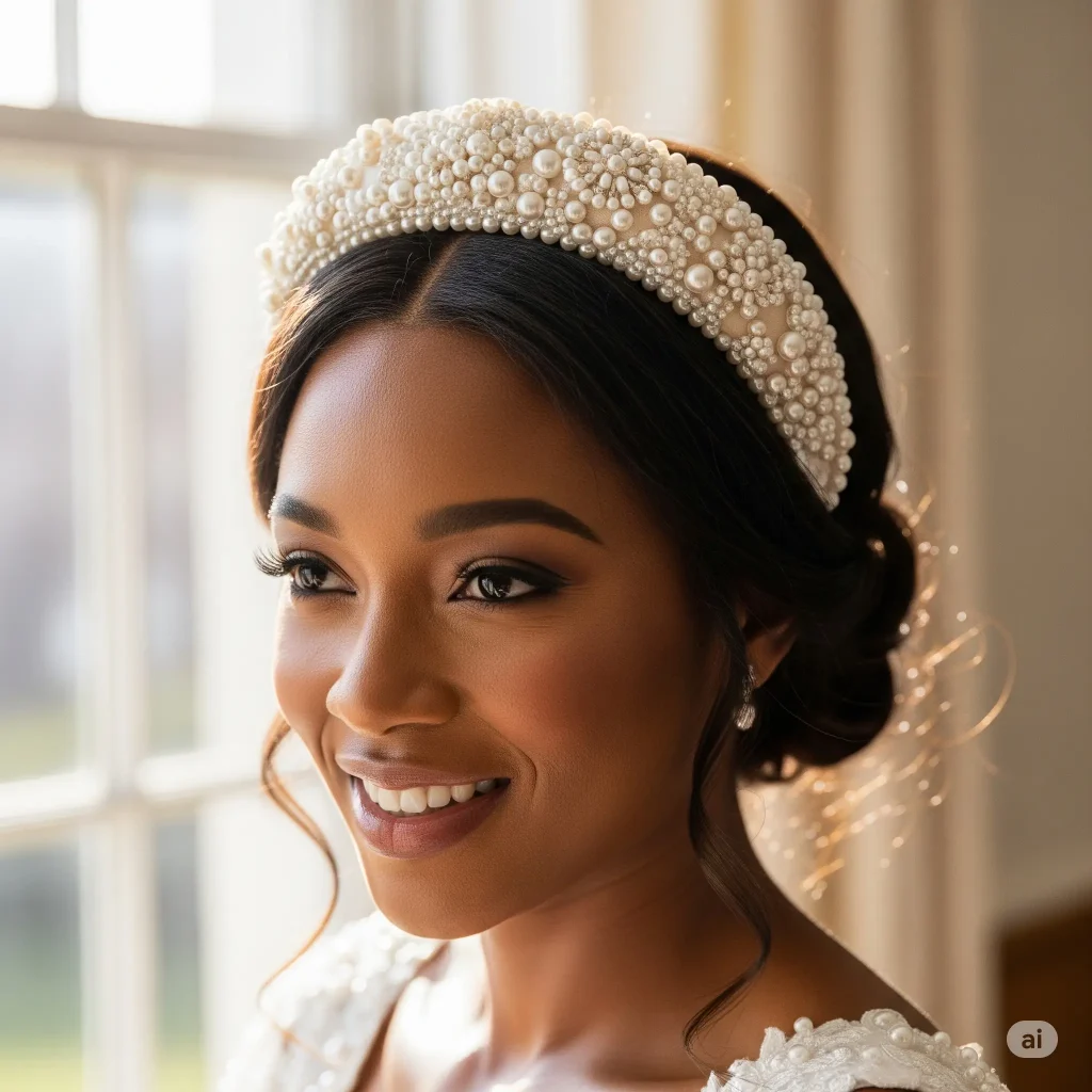 A realistic image of a black woman smiling and looking to the side, wearing a pearl-encrusted padded headband and a white wedding dress. Natural light streams in from a window behind her.