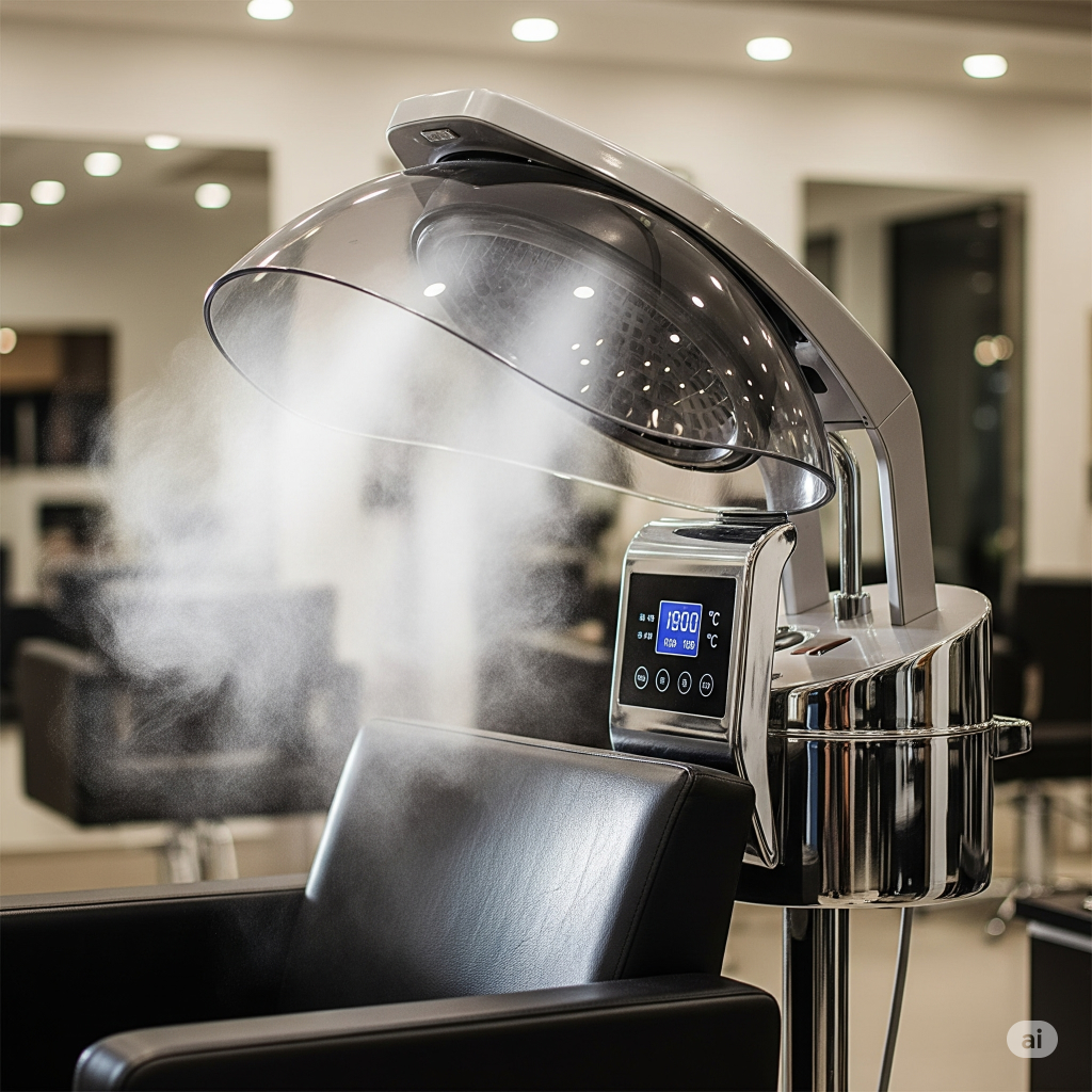 A close-up of a hair steamer on a white marble surface. Best Hair tools for Natural Hair.