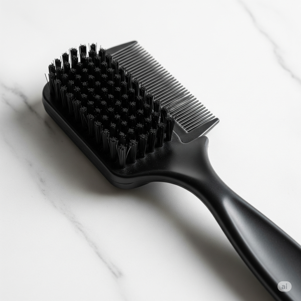 A close-up of a black dual-sided edge brush and comb on a white marble surface. Best Hair tools for Natural Hair.