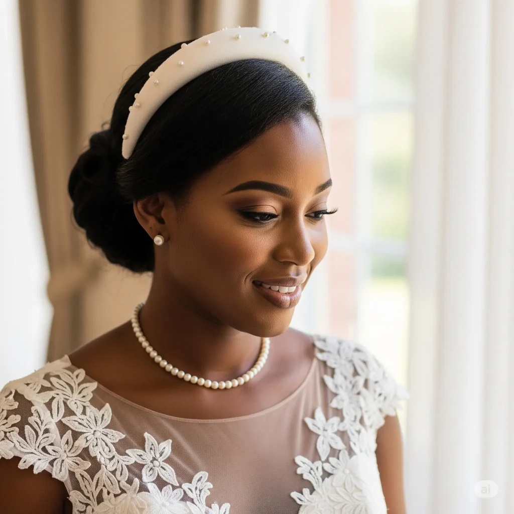 black woman smiling and looking down, wearing a minimalist padded headband with pearl accents.
