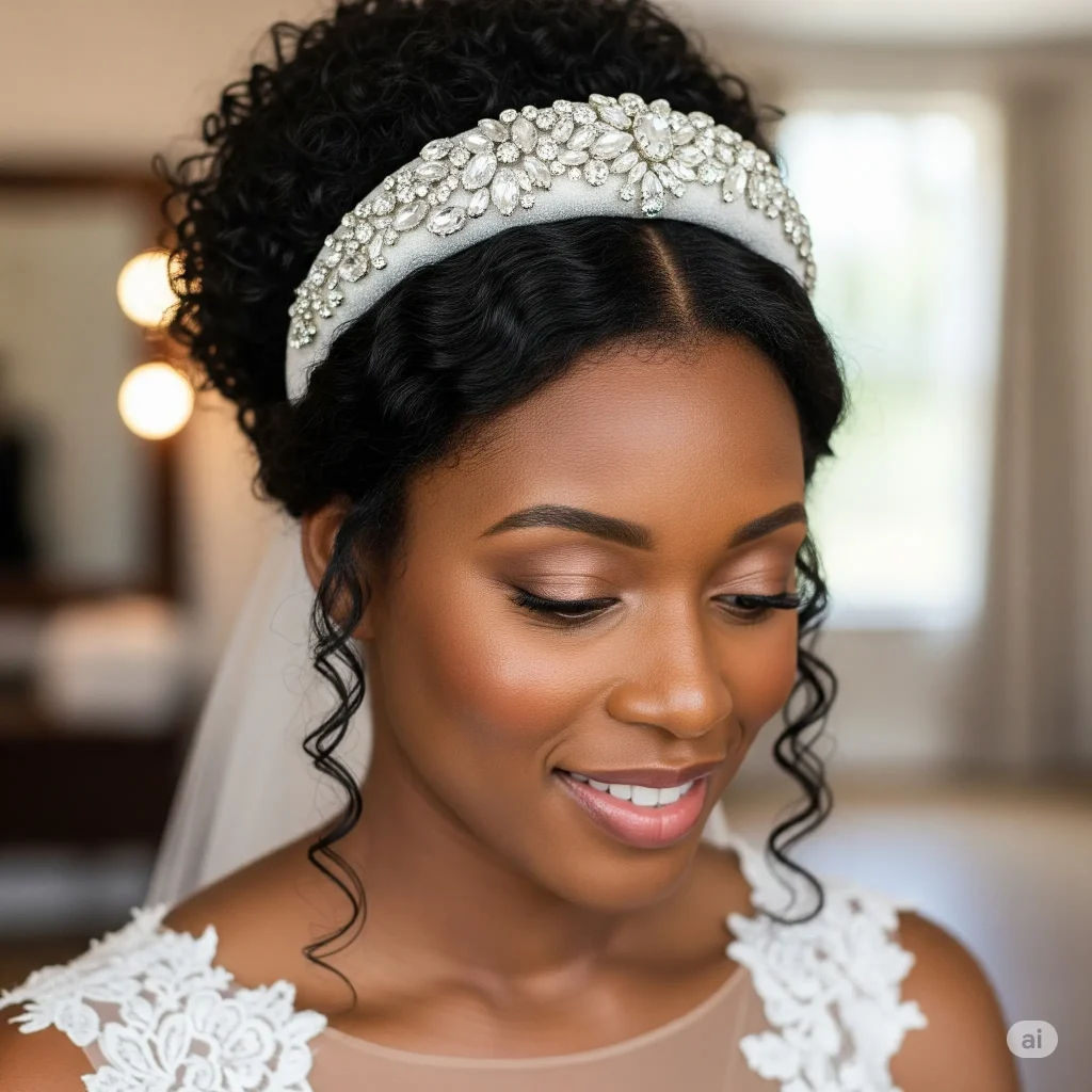 A realistic image of a black woman with her hair in a curly updo, wearing a bridal padded headband encrusted with crystals and rhinestones. She is smiling and looking down, and is also wearing a lace wedding dress.