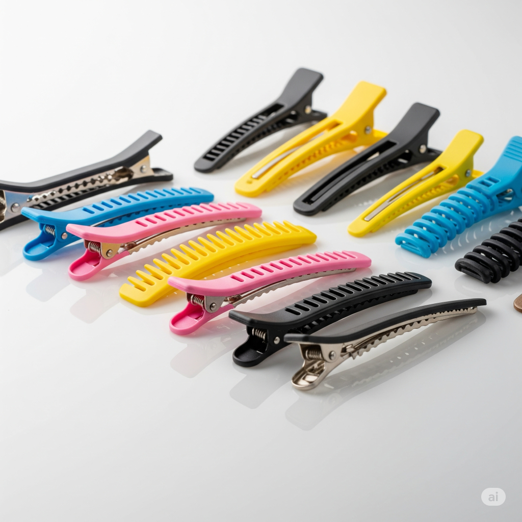 A close-up of a several coloured clips on a white marble surface. Best Hair tools for Natural Hair.